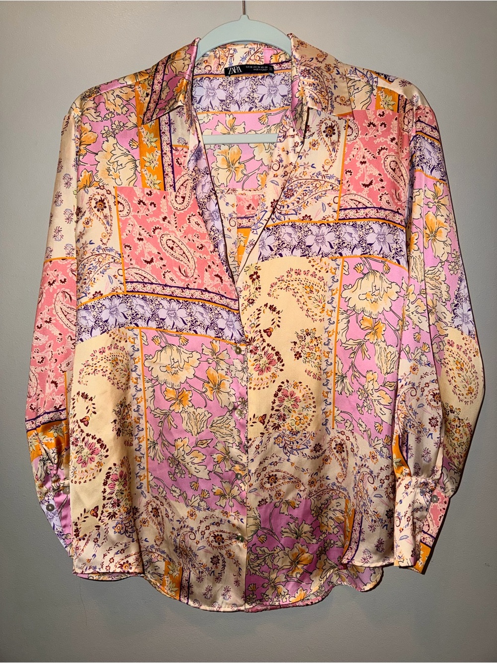 Zara Satin Patchwork Floral Paisley Button-Up Blouse Multicolor Size XS Barbie
